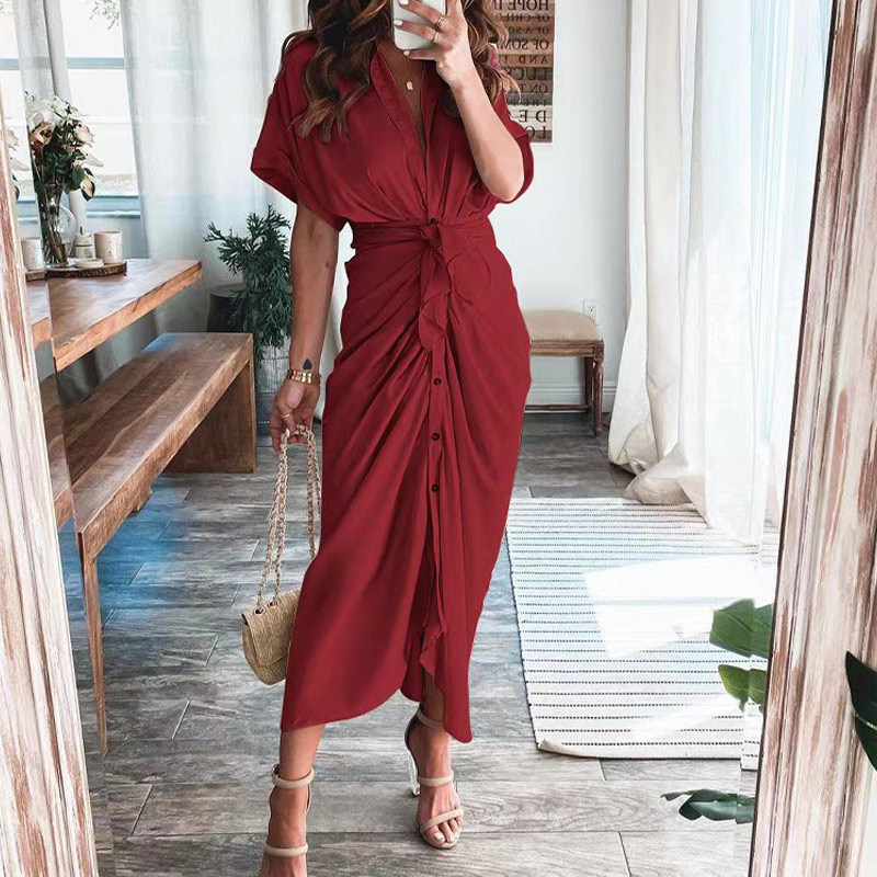Casual Dresses Women Elegant Shirt Dress Summer Fashion Printed Button Ruched Bandage Long Dresses Female Solid V Neck Beach Dress Casual Robe 230505
