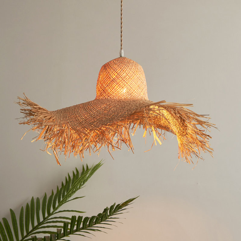 Chinese Straw Hat Pendant Lamps Asian Japanese Handmade Wicker Rattan Pendant Lights Nordic Hotel Dining Room Restaurant Caff Teahouse Hanging Lamp Lu
