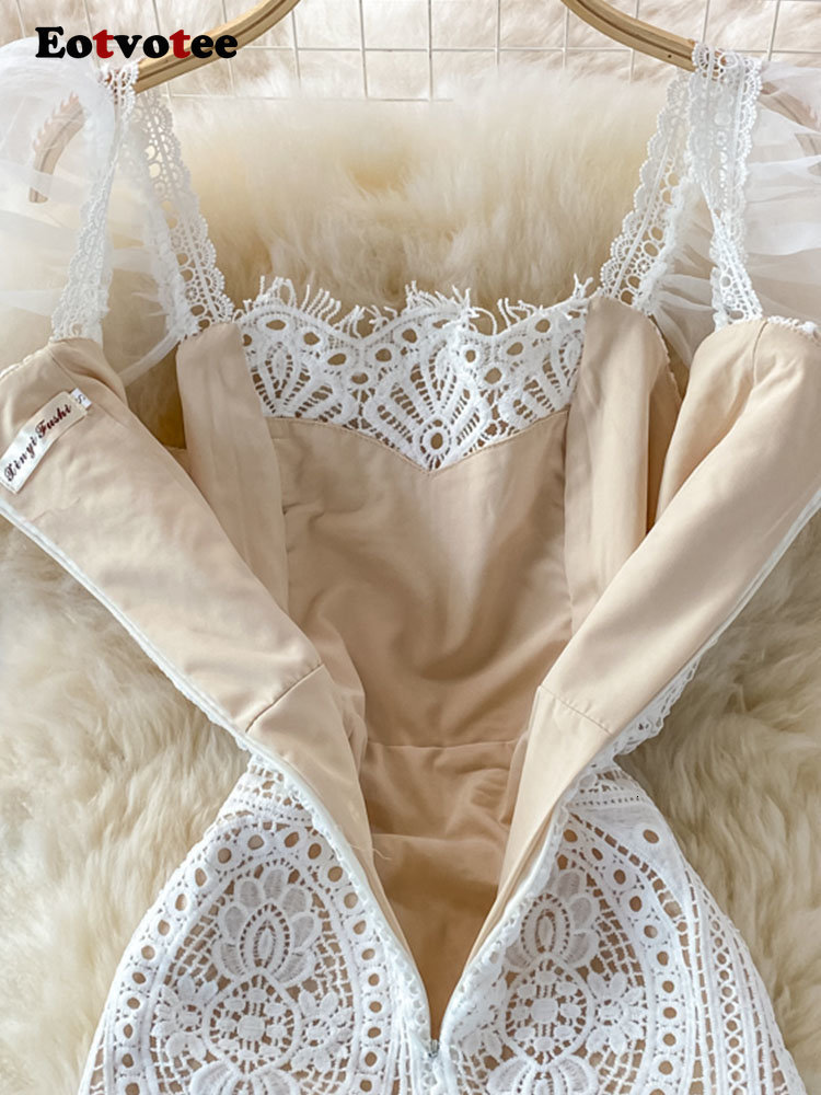 Casual Dresses Eotvotee White Lace Dresses for Women Summer New Puff Sleeve Square Collar Back Zipper Hollow Out A Line Evening Midi Dress 230505