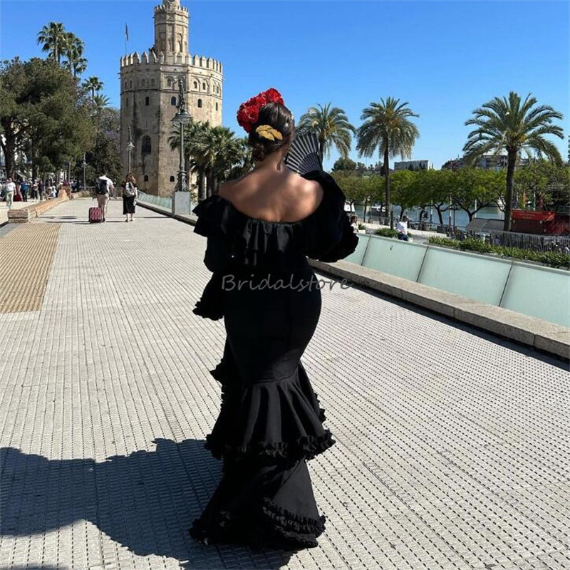 Vintage Black Flamenco Prom Dress Mermaid Ruffles Puff Sleeves Women Formal Occasion Dresses 2023 Tight Korean Elegant Evening Party Gowns Vestidos De