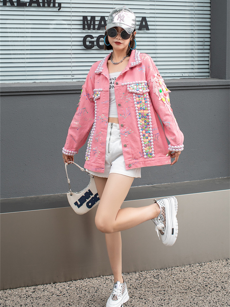 Women's Jackets Exquisite Long-Sleeved Denim Jacket Spring New Loose Mid-Length Pink Single-Breasted Jacket Jeans Jacket Women 230505