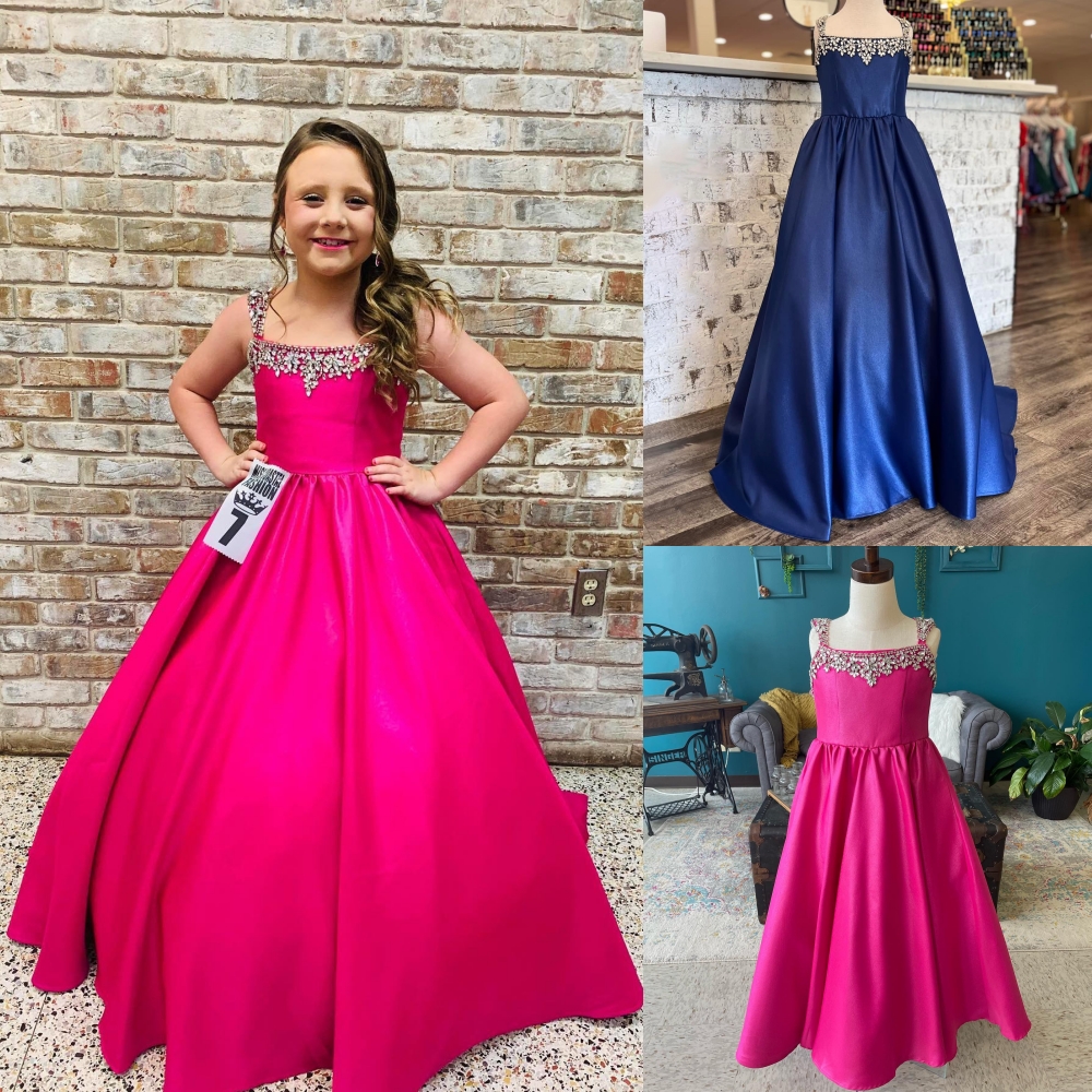 Fuchsia Satin Girl Pageant Dress 2025 Beaded A-Line Little Kid Birthday Formal Party Wedding Guest Runway Fun-Fashion Gown Toddler Teens Preteen Flower-Girl Navy-Blue