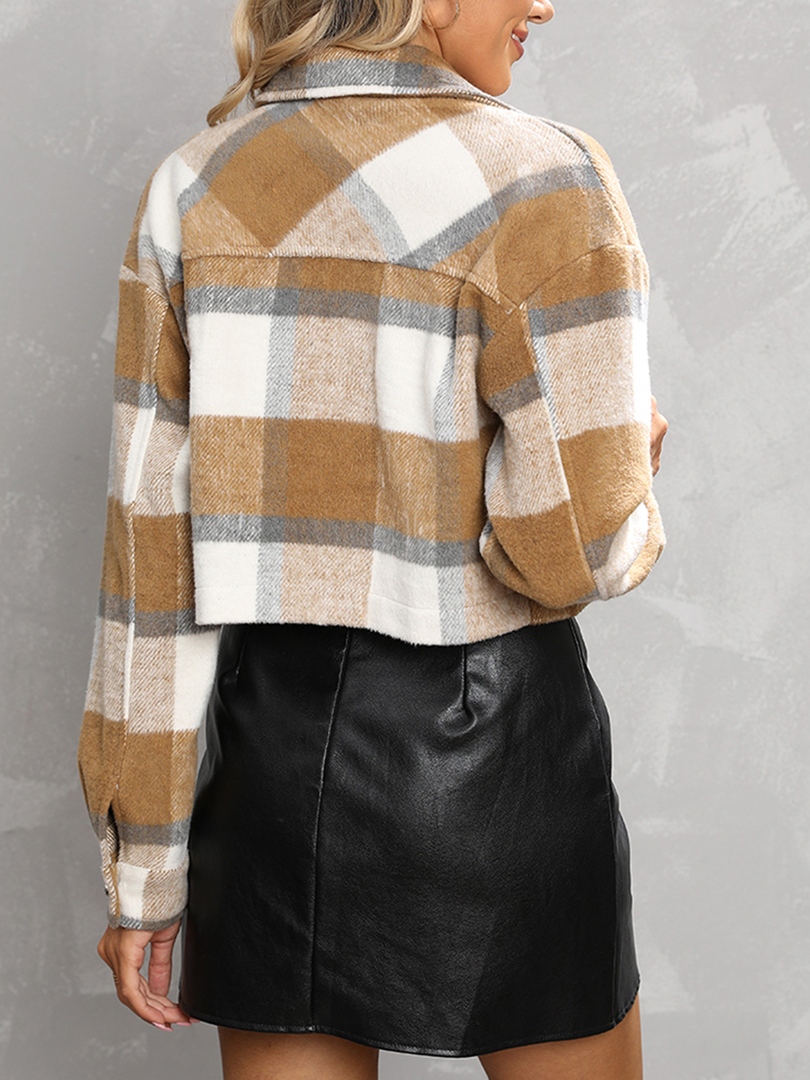 Women's Jackets Women Fashion Woolen Short Coat Plaid Turn-Down Collar Long Sleeve Outerwear Autumn Winter Single-Breasted Pockets Jackets 230505