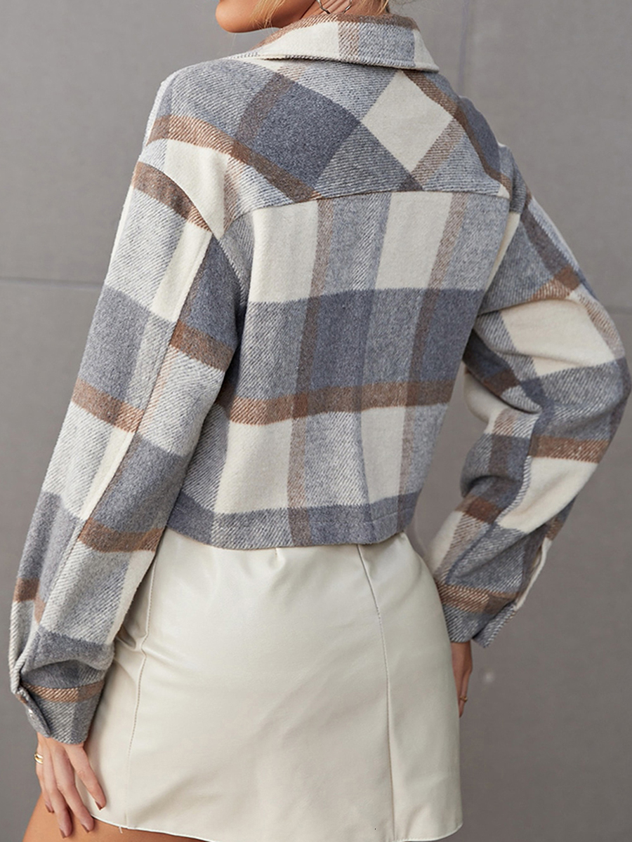 Women's Jackets Women Fashion Woolen Short Coat Plaid Turn-Down Collar Long Sleeve Outerwear Autumn Winter Single-Breasted Pockets Jackets 230505