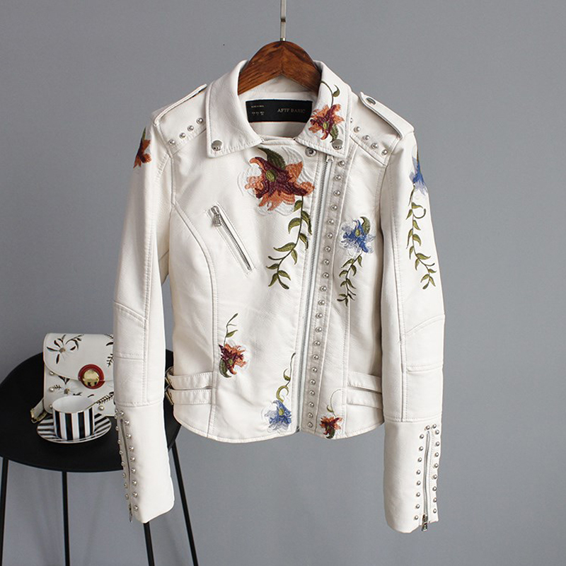 Women's Jackets Punk Style Faux Soft Leather Jacket Women Embroidery Floral Faux Leather Jacket Pu Motorcycle Epaulet Zipper Outerwear 230505