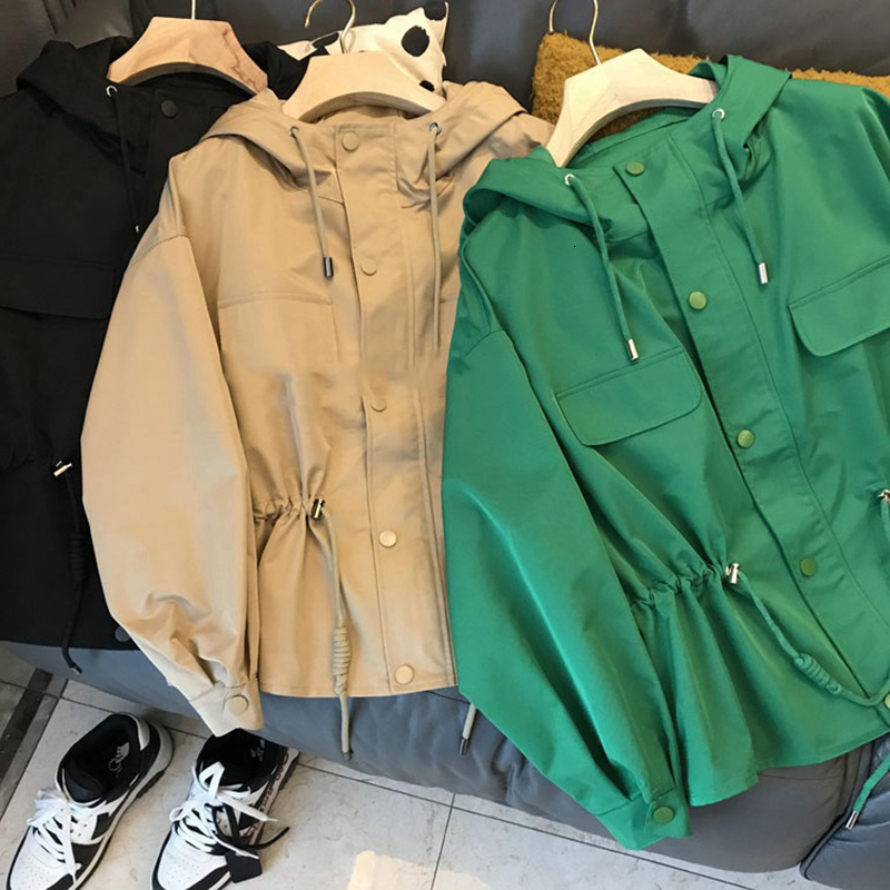 Women's Jackets Women Hooded Trench Coat Autumn Casual Loose Zipper Drawstring Waterproof Jacket Stand-Up Collar Solid Short Windbreaker 230505