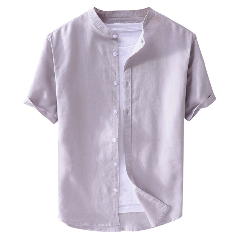 Men's Casual Shirts Men's cotton linen short sleeve shirt stand collar linen plain casual shirt literary linen shirt men 230505
