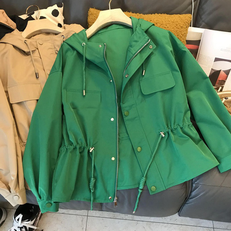 Women's Jackets Women Hooded Trench Coat Autumn Casual Loose Zipper Drawstring Waterproof Jacket Stand-Up Collar Solid Short Windbreaker 230505
