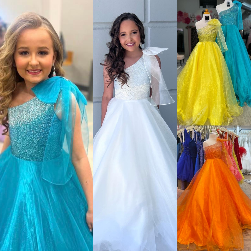 Shimmer Girl Preteen Pageant Dress 2023 Bow AB Stones Crystal Ballgown Little Kid Birthday Formal Party Gown Infant Toddler Teens Tiny Young Junior Mi