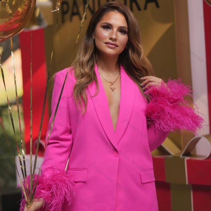 Hot Pink Women Pants Suits Set Feather Long Sleeve Girl Blazer Wide Leg Plus Size Office Lady Party Prom Dress