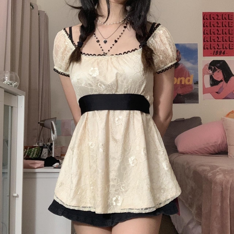 Casual Dresses Sweet Girl Kawaii Lace Mini Dress Y2K Fairycore Grunge Patchwork Short Sleeve A-line Dress Women Vintage Holiday Streetwear 230505