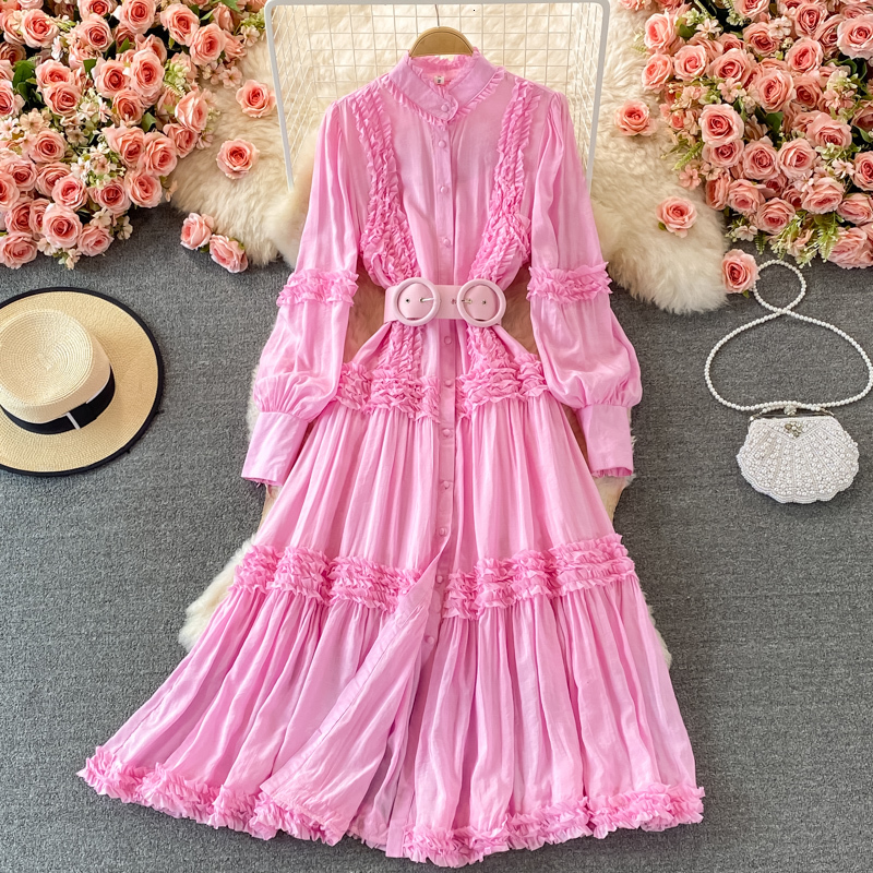 Casual Dresses JSXDHK High Quality Runway Autumn Green Ruffles Long Dress Women Stand Collar Lantern Sleeve Female Belted Holiday Party Dresses 230505