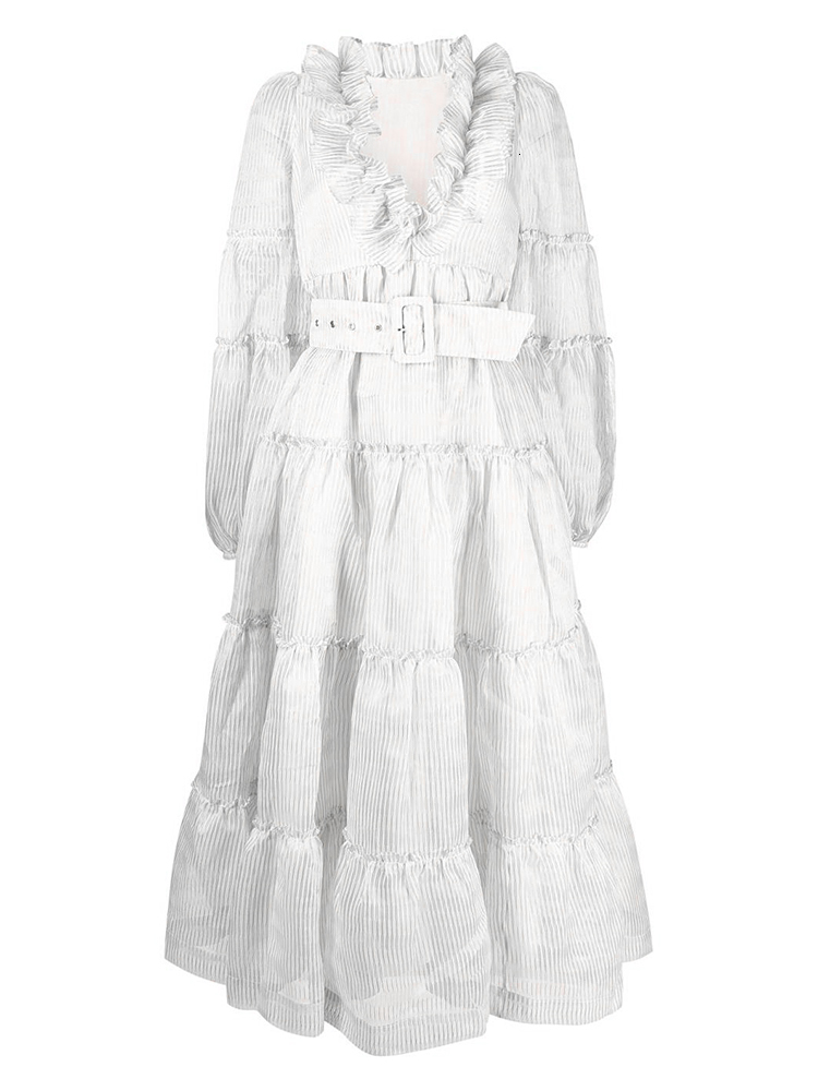 Casual Dresses CHICEVER Elegant Long Dresses For Women V Neck Puff Long Sleeve Patchwork Lace Temperament Maxi Female Spring Fashion New 230505