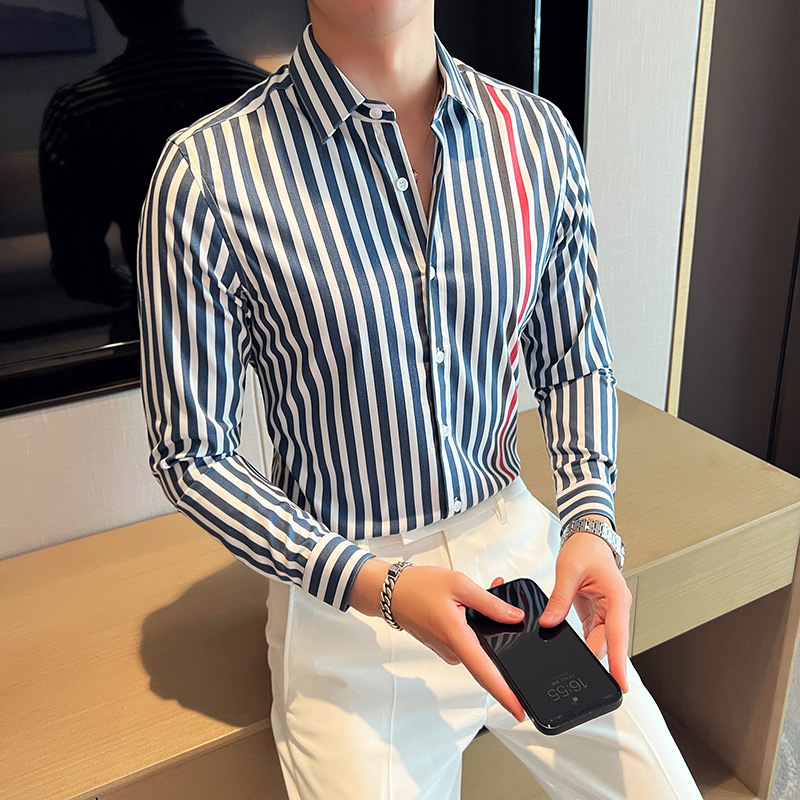 Men's Casual Shirts British Style Long Sleeved Striped Shirt Mens New Slim Fit Casual Dress Shirt Streetwear Social Party Clothing Plus Size 4XL-