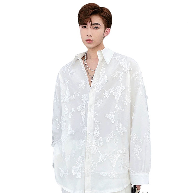 Men's Casual Shirts 3D Butterfly Mesh Double Layer Shirt Men's Long Sleeve Loose Casual Vintage Korean Streetwear Shirt Male Dress Party Shi