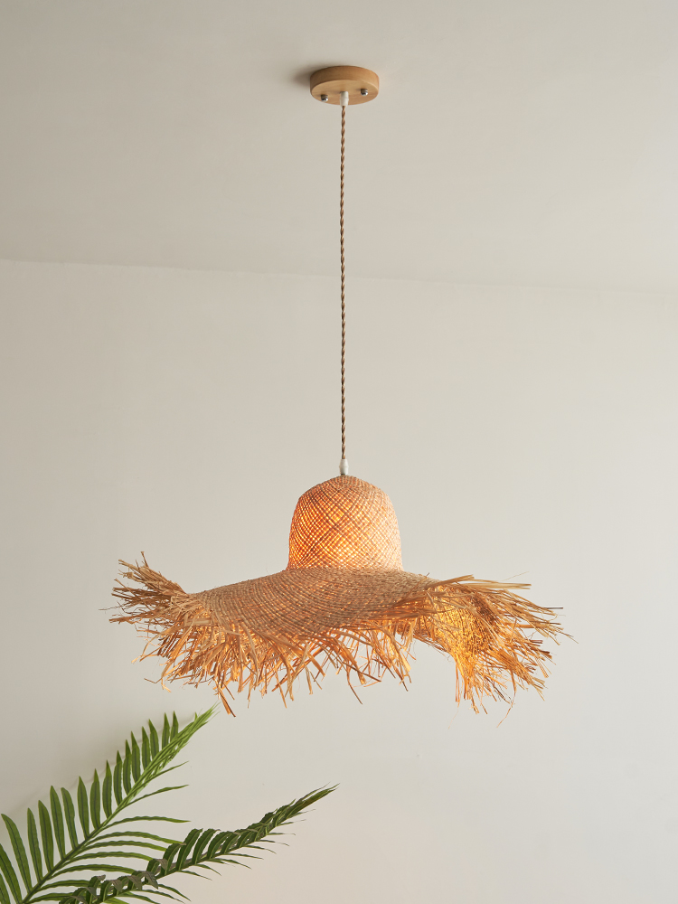 Chinese Straw Hat Pendant Lamps Asian Japanese Handmade Wicker Rattan Pendant Lights Nordic Hotel Dining Room Restaurant Caff Teahouse Hanging Lamp Lu