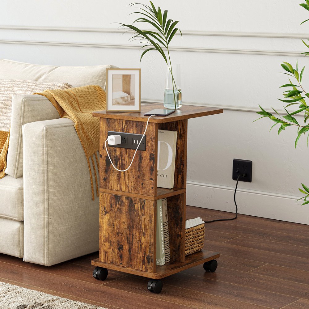 

End Table with Charging Station, Side Table with USB Ports and Outlets, Rustic Brown 01X-001-BZ