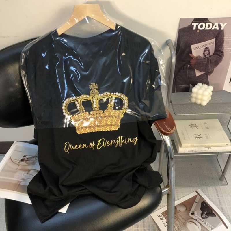 Womens T-Shirt Oversized Tops Summer T Shirt For Women Cotton Luxury Designer Clothes Inlay Drill crown Loose Short Sleeved Graphic Tees Women J230504