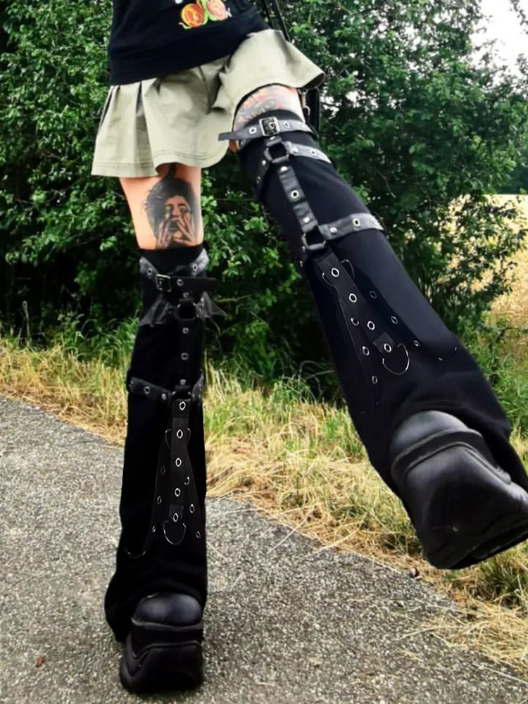 Women s Pants s SUCHCUTE Gothic Eyelet Strap Women Trouser Legs Vintage Dark Academic Slim Bandage Socks Black Knitted Boot Cuffs Punk 230504