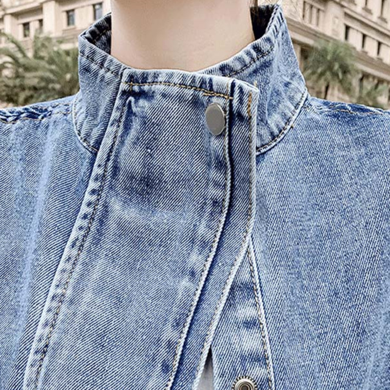 Women's Jackets Women Blue Denim Jacket Mandarin Collar Long Sleeve Solid Loose Oversize Chaqueta Mujer 230505