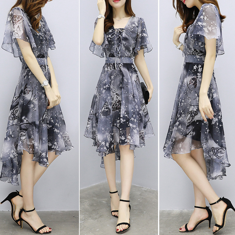 Casual Dresses Women Chiffon Print Dress New Ladies Elegant V-Neck Flare Sleeve Irregular Knee-Length Dress Vestidos Female Summer Clothes 230505