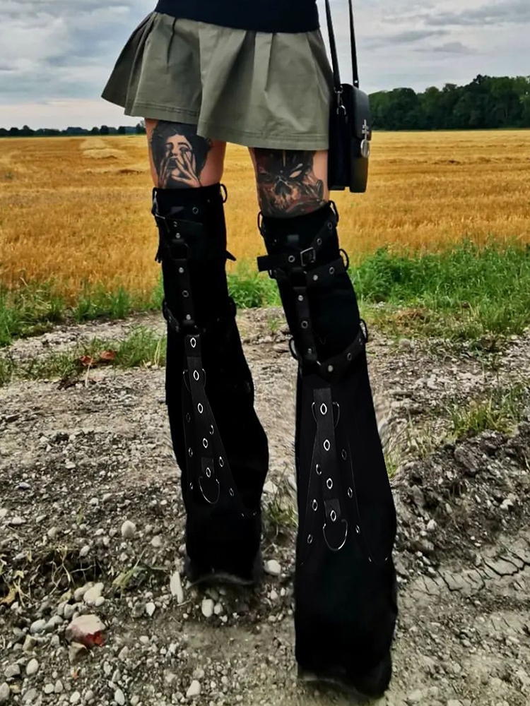 Women s Pants s SUCHCUTE Gothic Eyelet Strap Women Trouser Legs Vintage Dark Academic Slim Bandage Socks Black Knitted Boot Cuffs Punk 230504
