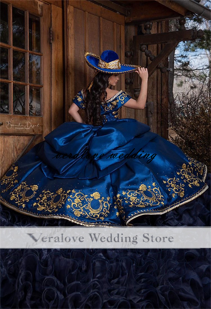 Navy Blue Embroidery Ball Gown Mexi Quinceanera Dresses 2023 Off Shoulder Ruffle Sweet 16 Dresses Vestidos De 15 Anos