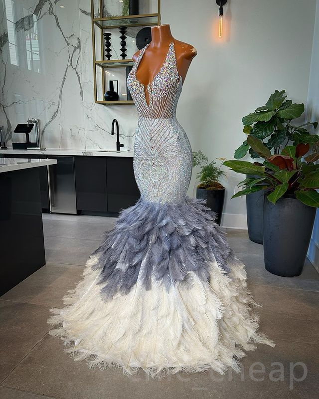 May Aso Ebi Sier Mermaid Prom Feather Crystals Beaded Evening Formal Party Second Reception Birthday Engagement Gowns Dress Robe De Soiree ZJ Lz0304