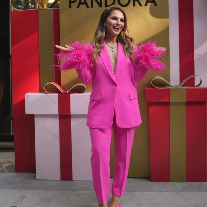 Hot Pink Women Pants Suits Set Feather Long Sleeve Girl Blazer Wide Leg Plus Size Office Lady Party Prom Dress