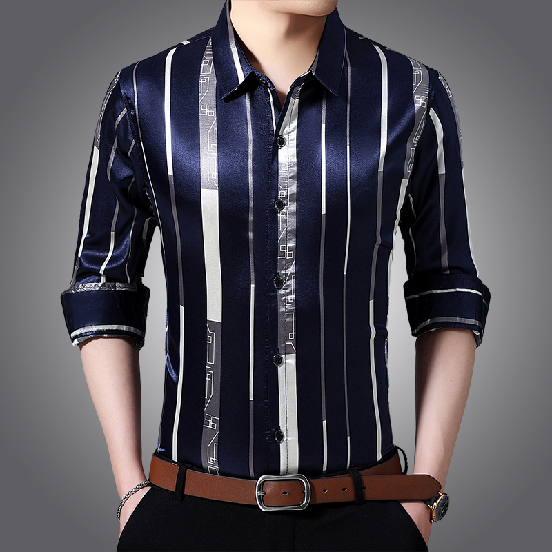 Men's Casual Shirts Male Silk Clothes Spring Long Sleeve Striped Silk Shirts Mens Caual Dress Shirts 230505