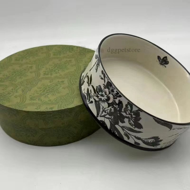 Designer Dog Bowls Ceramic Pet Bowl With Classic Letters Heavy Duty Non Slip Ceramic Cat Dish Dogs Bowls for Food and Water 42oz Black Flower J15