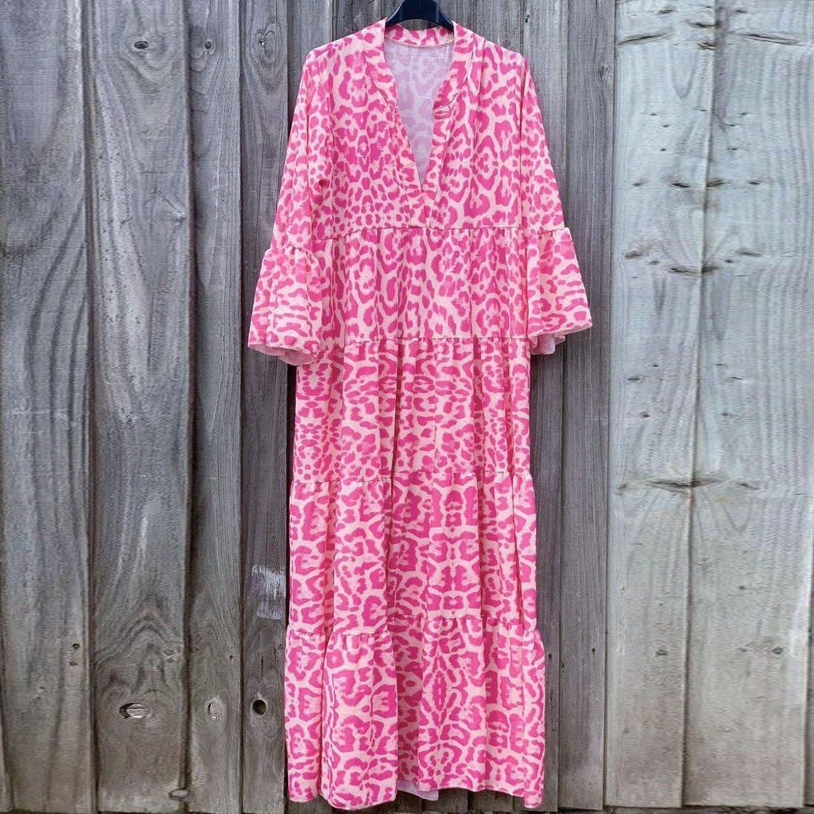 Casual Dresses Pink Leopard Long Dress Autumn European American Fashion ins Vacation Dress for Women Elegant Ruffles Beach Dresses Robe 230505