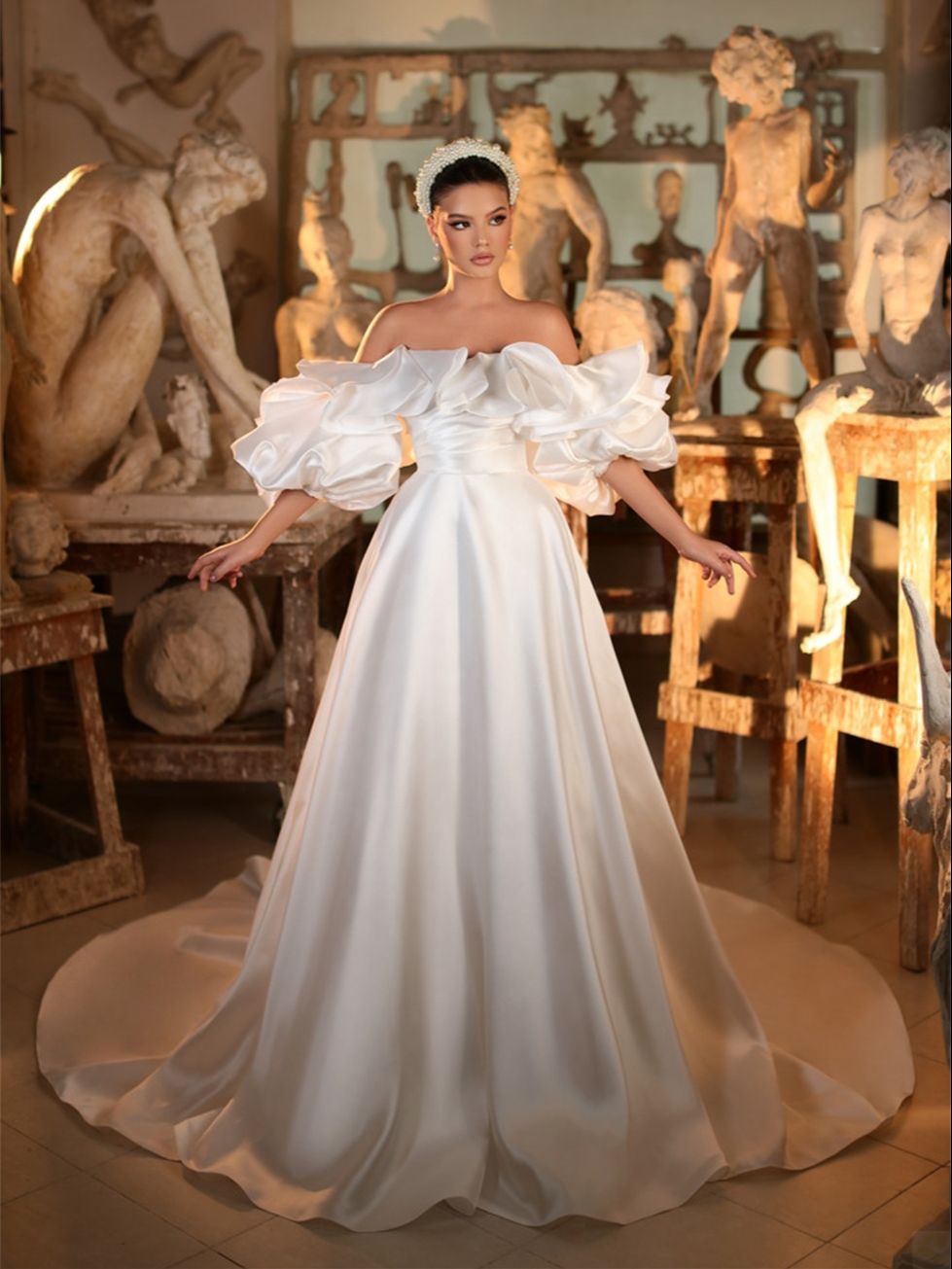 Princess Soft Satin A Line Wedding Dresses Flowers Ruffles Off Shoulder Mariage Bridal Gowns Vestido de noiva