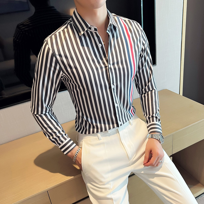 Men's Casual Shirts British Style Long Sleeved Striped Shirt Mens New Slim Fit Casual Dress Shirt Streetwear Social Party Clothing Plus Size 4XL-
