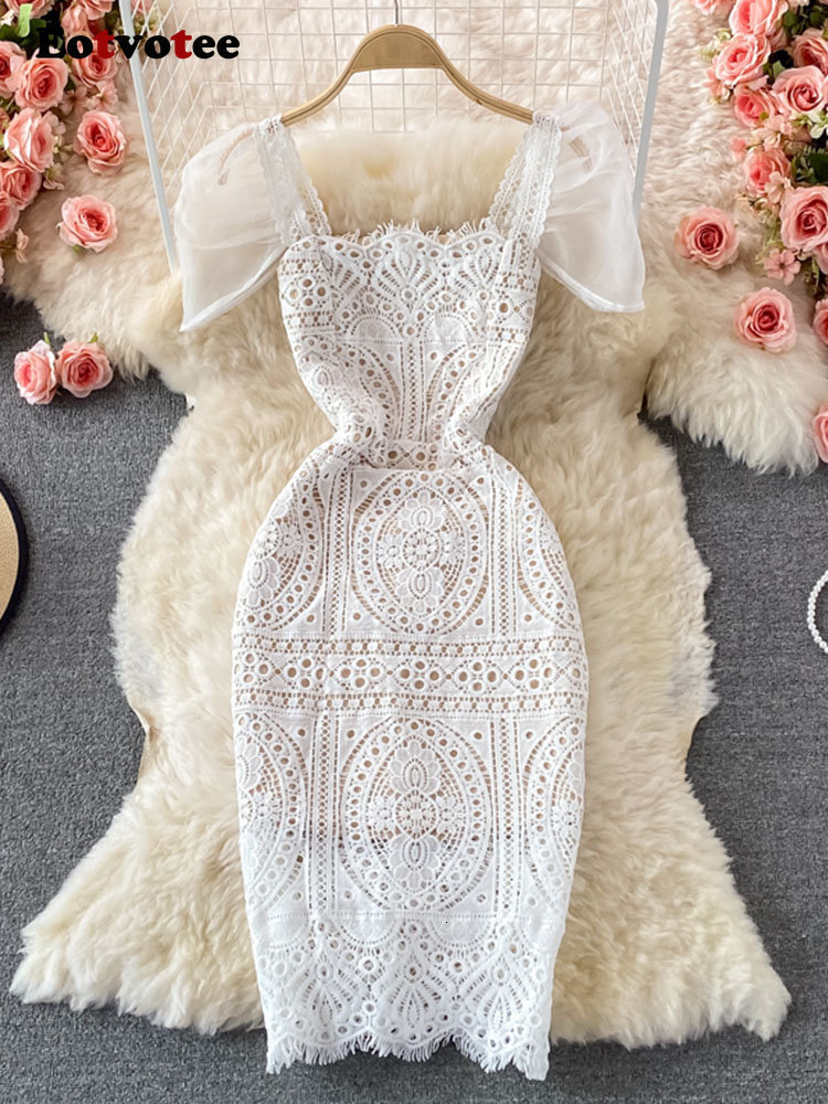Casual Dresses Eotvotee White Lace Dresses for Women Summer New Puff Sleeve Square Collar Back Zipper Hollow Out A Line Evening Midi Dress 230505