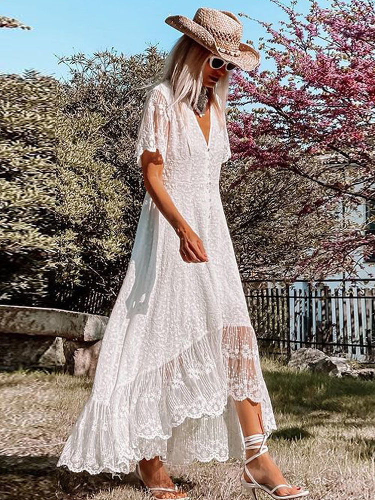 Casual Dresses White Maxi Dress Women Summer Bohemian Long Beach Sundress Ladies Hollow out Short Sleeve V-neck Holiday Dress Robe Longue 230505