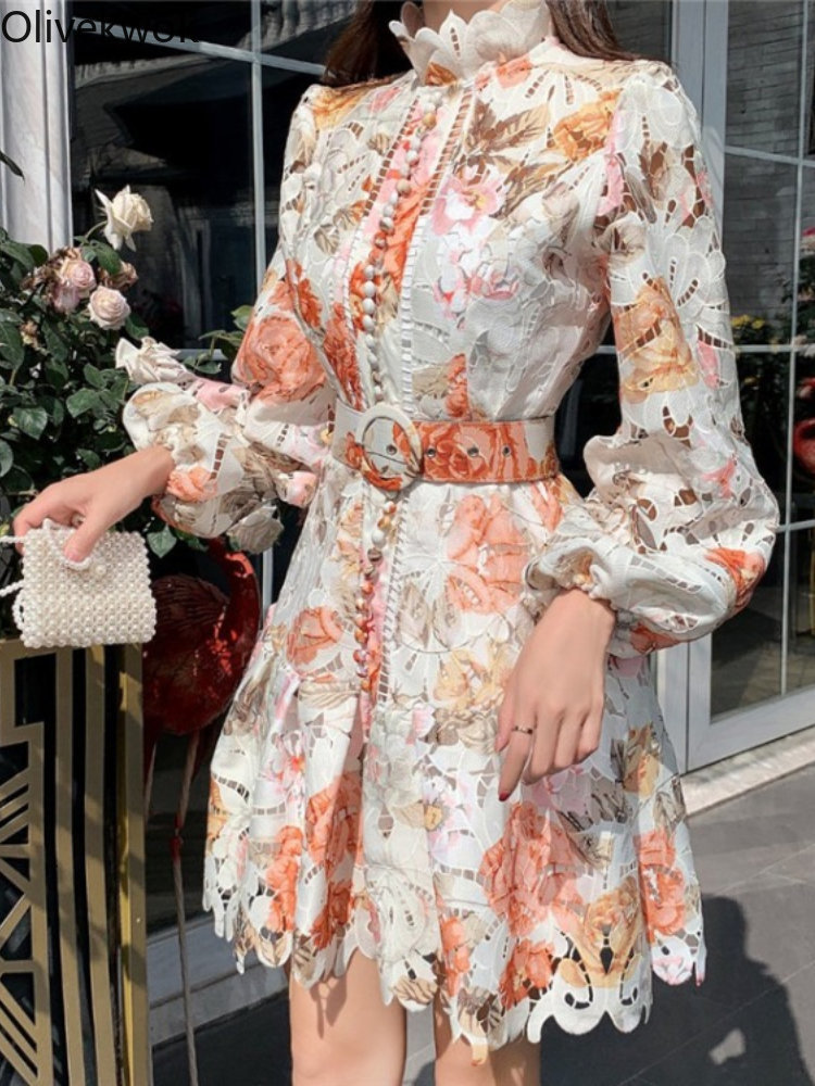Casual Dresses Olivekwok Women Lace Embroidery Floral Hollow Out Elegant Big Swing A-line Dress 230505