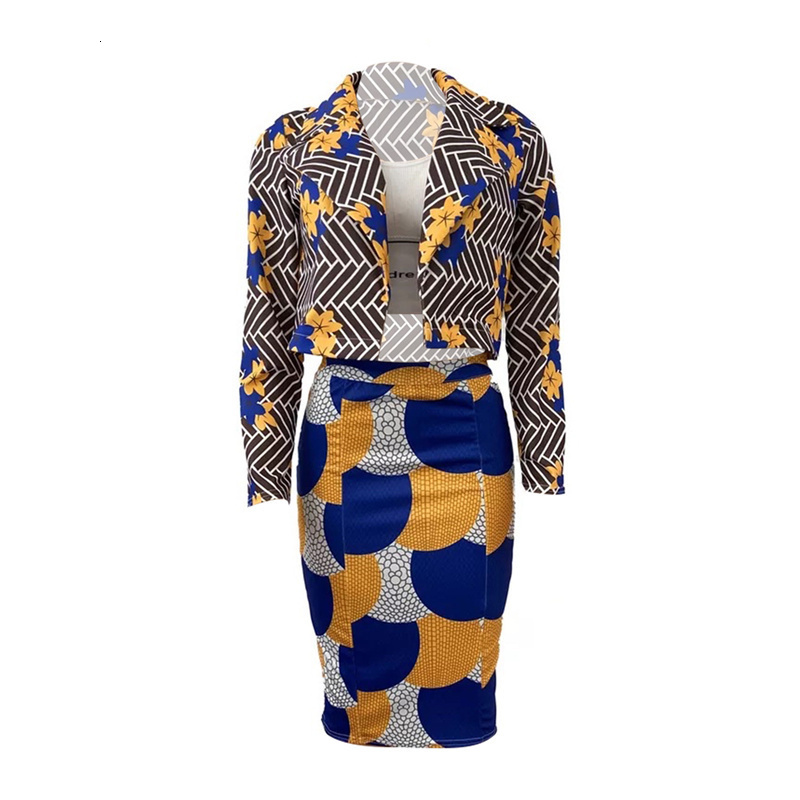 Two Piece Dress 2Pc Fashion and Elegance Outfits Multicolor Print Lapel Long Sleeves Suit Jacket High Waist Knee Dress for Ladies 230504