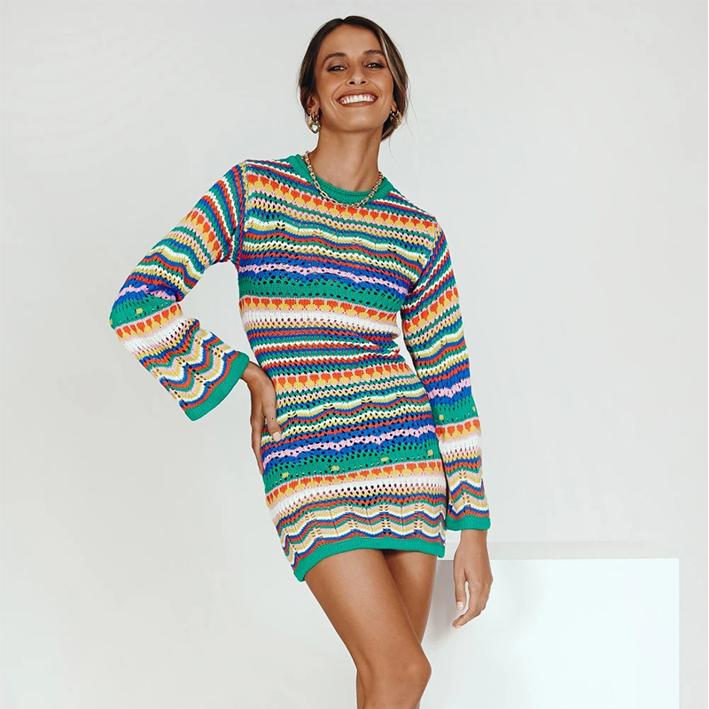 Casual Dresses wsevypo Bohemian Color Block Striped Knit Crochet Sweaters Dress Autumn Women's Long Sleeve Crew Neck Mini Bodycon Dress