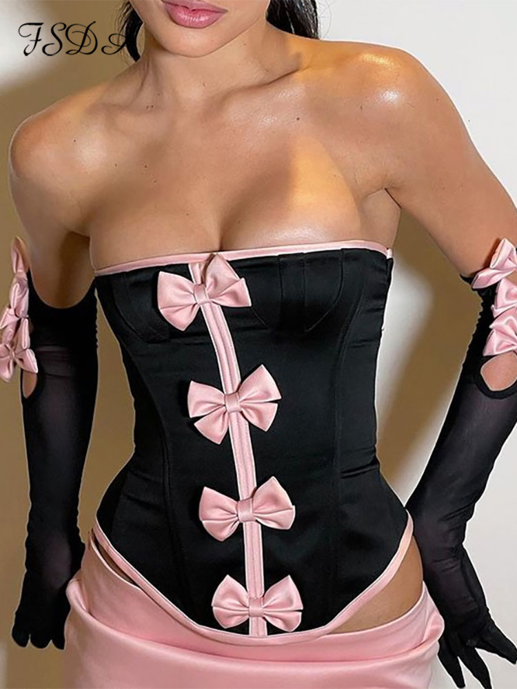 Two Piece Dress FSDA Summer Elegant Women Outfits Club Corset Crop Top With Sleeve Glove And Bow Skirts Mini Sexy Sets Party 230505