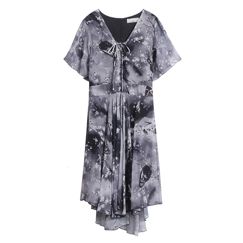 Casual Dresses Women Chiffon Print Dress New Ladies Elegant V-Neck Flare Sleeve Irregular Knee-Length Dress Vestidos Female Summer Clothes 230505