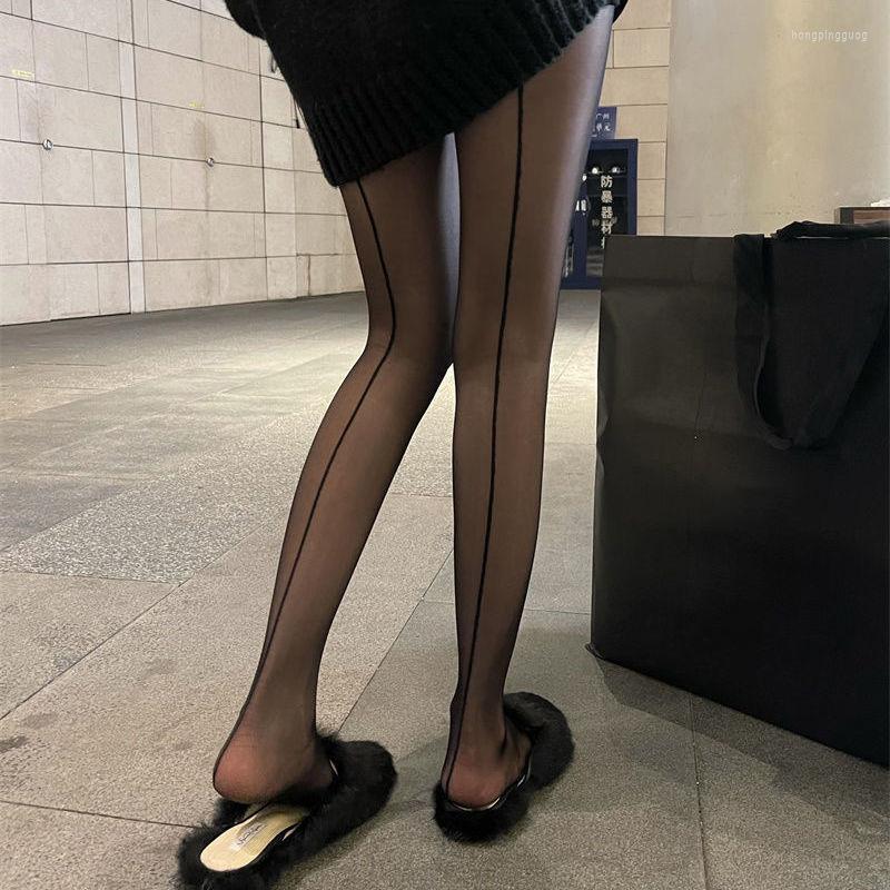 Women Socks Women's Vintage Black Line Stockings Sexy Pantyhose With Front And Back Seam Vertical Stripe Shrimp Sheer Tights Club Party