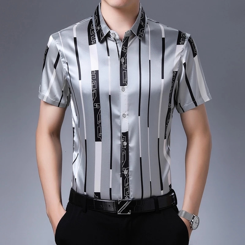 Men's Casual Shirts Male Silk Clothes Spring Long Sleeve Striped Silk Shirts Mens Caual Dress Shirts 230505