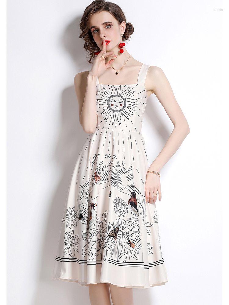 Casual Dresses Runway Midi Dress Summer Cute Women Vintage Print Spaghetti Strap Blue Party Pleated Vestidos Robe Femme N6539