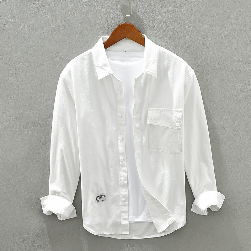 Men's Casual Shirts 1316 Simple Cotton Shirt Japan Style Casual Solid Color All-Match Chic Pockets Loose Lapel Fresh Youthful Streetwear Men Coat