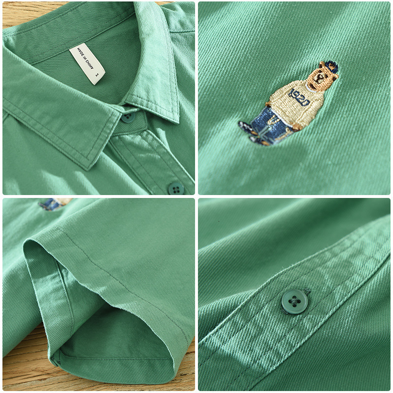 Men's Casual Shirts Green Short Sleeve Shirts for Men Casual Turn-down Collar Tops Man Summer New Fashion Cartoon Pattern Embroidery Clothing 230