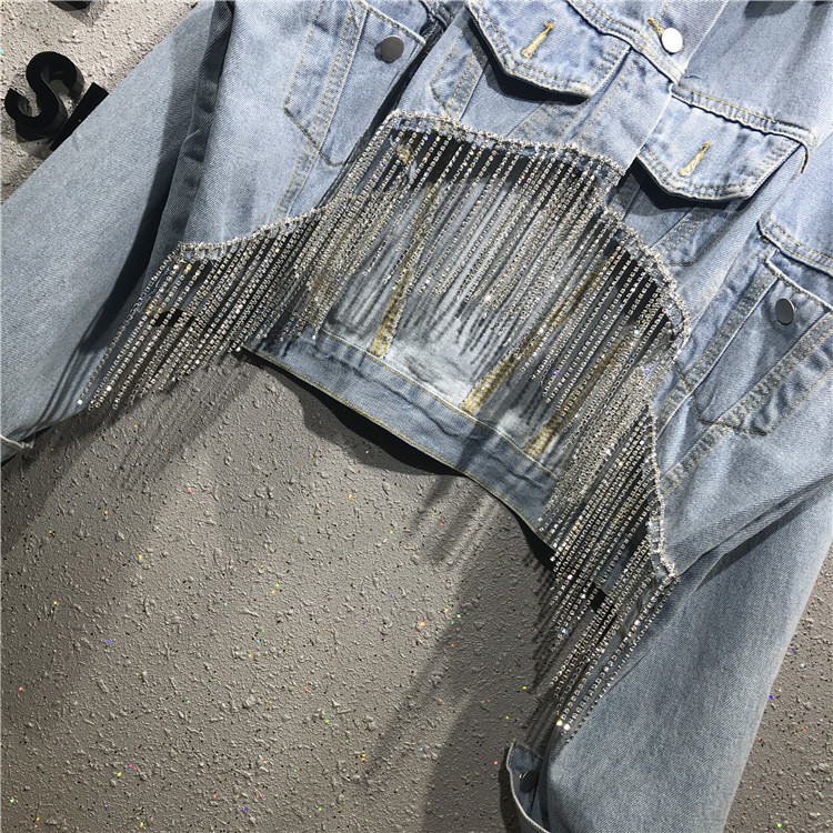 Women's Jackets Spring Summer New Denim Outerwear Loose Diamond Chain Tassel Streetwear Turn-Down Collar Jacket Women 230505
