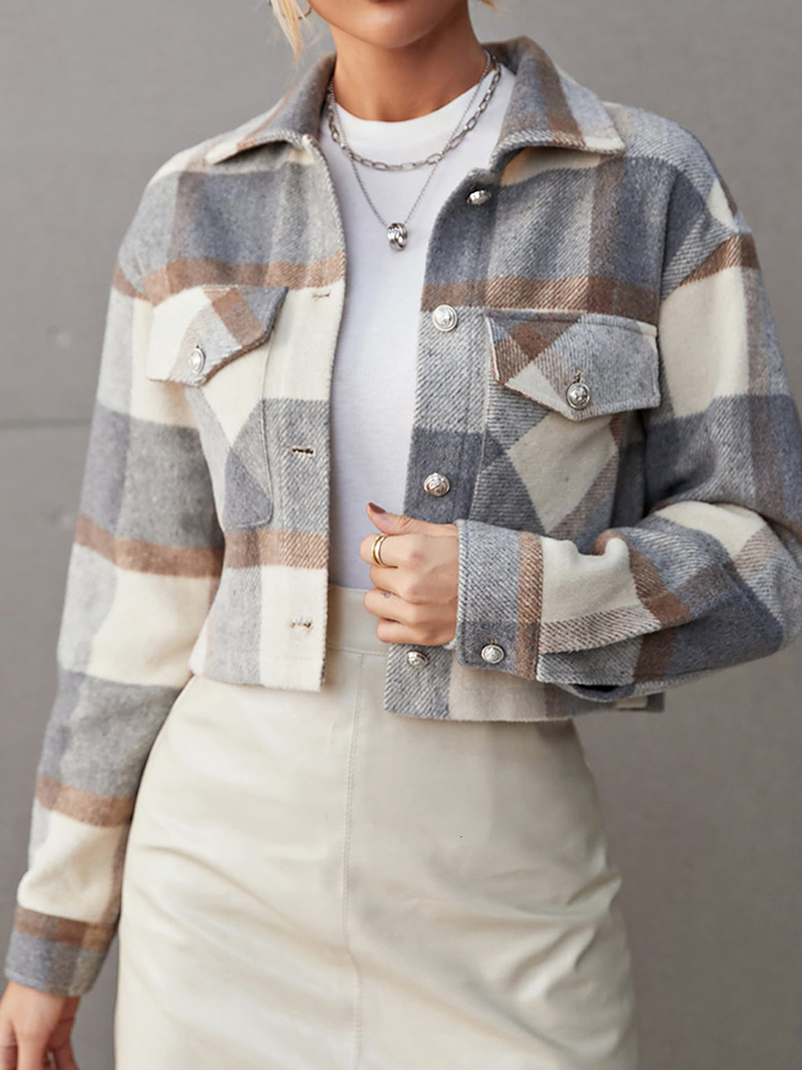 Women's Jackets Women Fashion Woolen Short Coat Plaid Turn-Down Collar Long Sleeve Outerwear Autumn Winter Single-Breasted Pockets Jackets 230505
