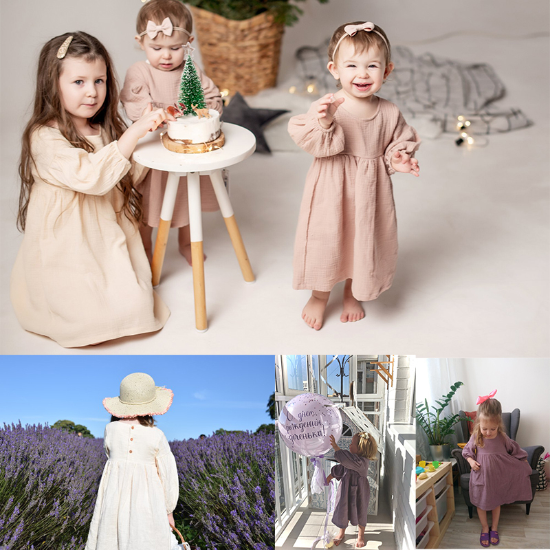 Girl's Dresses Autumn Spring Children's Clothes Organic Cotton Double Gauze Loose Pockets Baby Girls Dress Fashion Princess Casual Kids Dres
