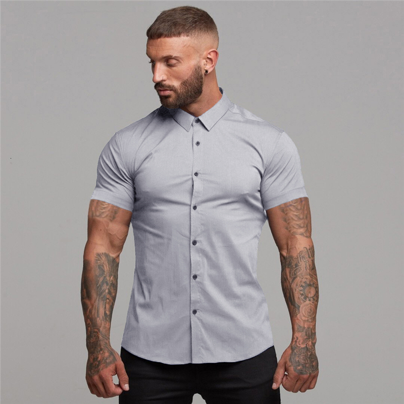 Men's Casual Shirts Men's Shirt Summer Business Shirt Short Sleeve Turn-down Collar Tuxedo Shirt Fashion Super Slim Fit Male Social Dress Sh